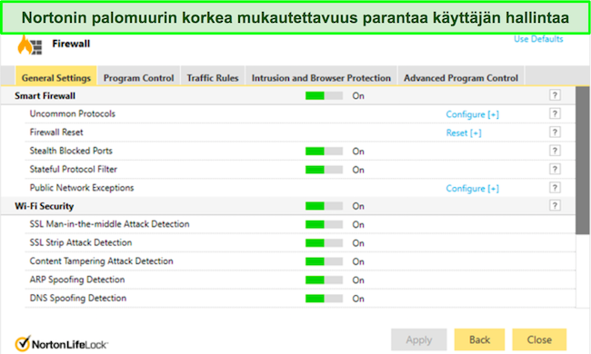 Näyttökaappaus Norton Review Security Firewall -käyttöliittymästä, jossa on erittäin muokattavat asetukset ja lisäasetukset suojauksen mukauttamiseen.