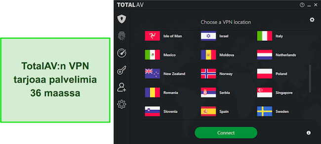 Kuvakaappaus TotalAV-arvostelusta, jossa korostetaan TotalAV VPN:n käytettävissä olevia sijainteja, ja se osoittaa laajan maailmanlaajuisen palvelinverkon, josta käyttäjät voivat valita.