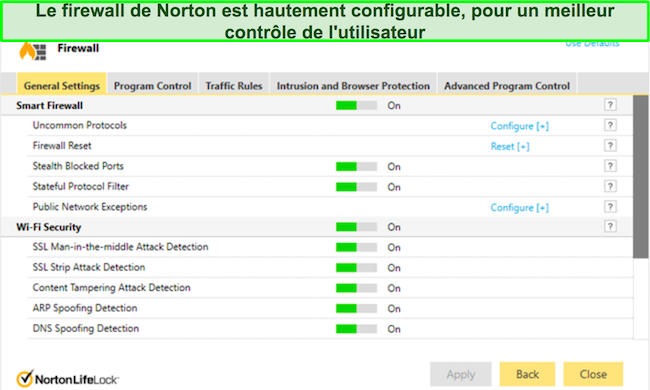 Capture d'écran d'une interface Norton Review Security Firewall présentant des paramètres et des options hautement configurables pour une personnalisation avancée de la sécurité.
