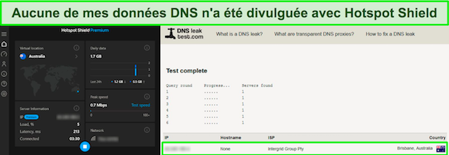 Capture d'écran du test de fuite DNS Hotspot Shield.