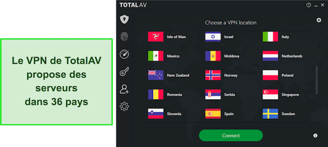 Capture d'écran d'une revue TotalAV mettant en évidence les emplacements disponibles du VPN TotalAV, démontrant le vaste réseau de serveurs mondial parmi lequel les utilisateurs peuvent choisir.