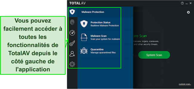 Capture d'écran de TotalAV Review avec une interface d'application de bureau intuitive, offrant une navigation conviviale et des fonctionnalités accessibles.