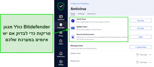 צילום מסך של סקירת Bitdefender המציגה את אפשרויות הסריקה הזמינות, ומספקת מגוון מקיף של אפשרויות סריקה למשתמשים כדי להבטיח אבטחת מערכת יסודית.