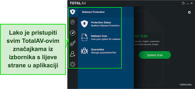 Snimka zaslona TotalAV Review s intuitivnim sučeljem desktop aplikacije, koja nudi jednostavnu navigaciju i pristupačne značajke.