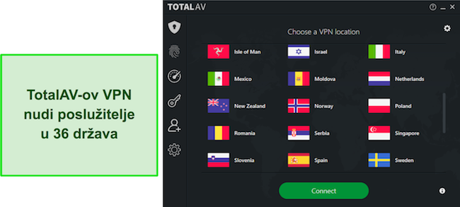 Snimka zaslona iz recenzije TotalAV-a koja ističe dostupne lokacije TotalAV VPN-a, demonstrirajući opsežnu globalnu mrežu poslužitelja između koje korisnici mogu birati.