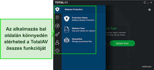 Képernyőkép a TotalAV Review-ról egy intuitív asztali alkalmazásfelülettel, amely felhasználóbarát navigációt és elérhető funkciókat kínál.