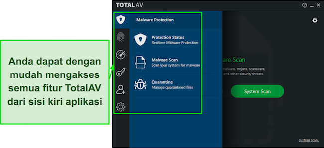 Tangkapan layar Tinjauan TotalAV dengan antarmuka aplikasi desktop yang intuitif, menawarkan navigasi yang mudah digunakan dan fitur yang dapat diakses.