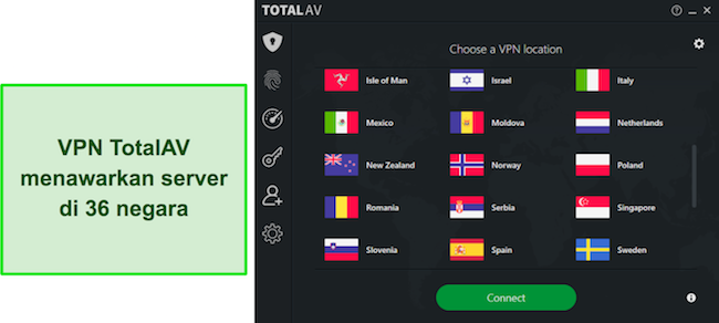 Tangkapan layar dari ulasan TotalAV yang menyoroti lokasi TotalAV VPN yang tersedia, menunjukkan jaringan server global yang luas untuk dipilih pengguna.