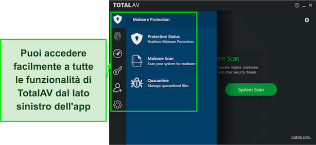 Screenshot di TotalAV Review con un'interfaccia intuitiva dell'app desktop, che offre navigazione intuitiva e funzionalità accessibili.