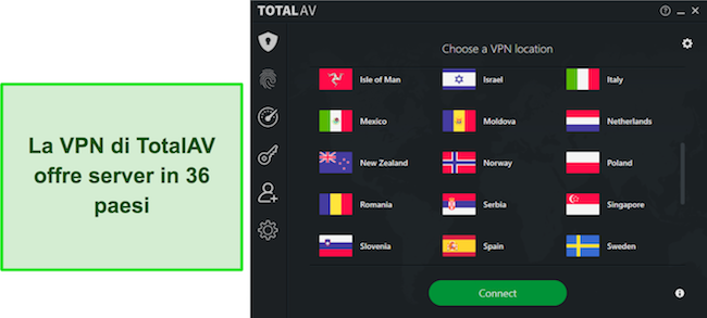 Screenshot da una recensione di TotalAV che evidenzia le posizioni disponibili della VPN TotalAV, dimostrando l'ampia rete di server globale tra cui gli utenti possono scegliere.