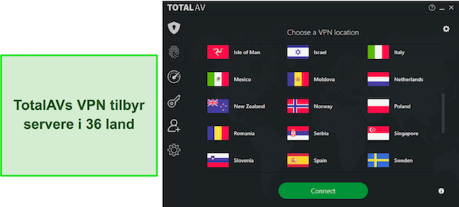 Skjermbilde fra en TotalAV-gjennomgang som fremhever TotalAV VPNs tilgjengelige lokasjoner, og demonstrerer det omfattende globale servernettverket for brukere å velge mellom.
