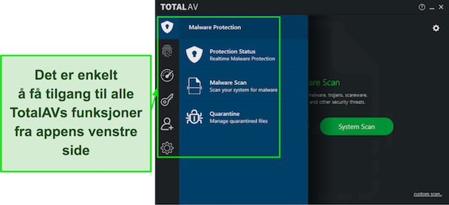 Skjermbilde av TotalAV Review med et intuitivt skrivebordsappgrensesnitt, som tilbyr brukervennlig navigasjon og tilgjengelige funksjoner.