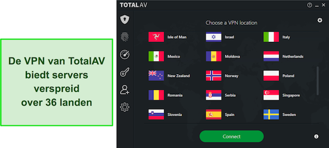 Schermafbeelding van een TotalAV-recensie waarin de beschikbare locaties van TotalAV VPN worden benadrukt en het uitgebreide wereldwijde servernetwerk wordt gedemonstreerd waaruit gebruikers kunnen kiezen.