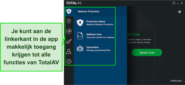 Screenshot van de TotalAV Review met een intuïtieve desktop-app-interface, die gebruiksvriendelijke navigatie en toegankelijke functies biedt.
