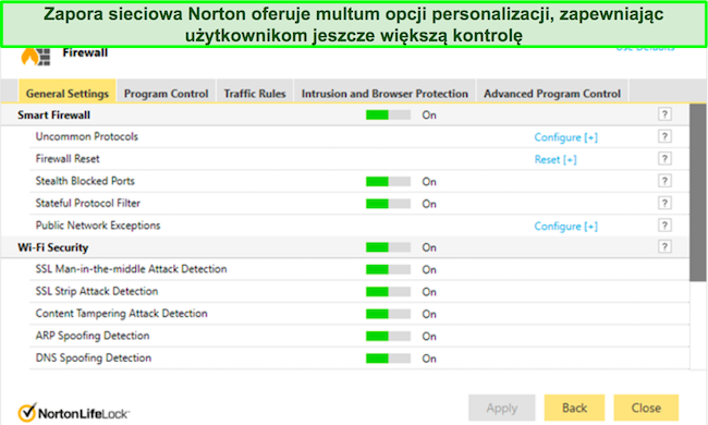 Zrzut ekranu przedstawiający interfejs Norton Review Security Firewall przedstawiający wysoce konfigurowalne ustawienia i opcje zaawansowanego dostosowywania zabezpieczeń.
