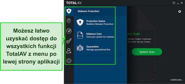 Zrzut ekranu recenzji TotalAV z intuicyjnym interfejsem aplikacji komputerowej, oferującym przyjazną dla użytkownika nawigację i dostępne funkcje.