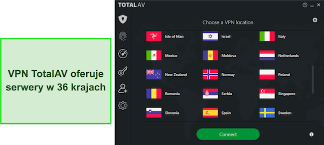 Zrzut ekranu z recenzji TotalAV przedstawiający dostępne lokalizacje TotalAV VPN i pokazujący rozległą globalną sieć serwerów do wyboru przez użytkowników.