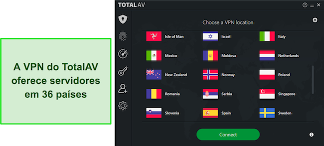 Captura de tela de uma análise do TotalAV destacando os locais disponíveis da VPN TotalAV, demonstrando a extensa rede global de servidores para os usuários escolherem.