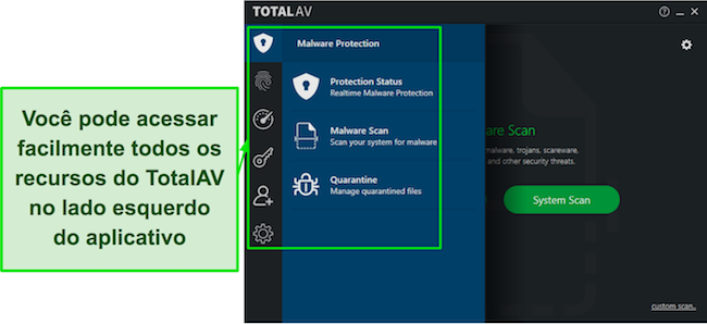 Captura de tela do TotalAV Review com uma interface de aplicativo de desktop intuitiva, oferecendo navegação amigável e recursos acessíveis.