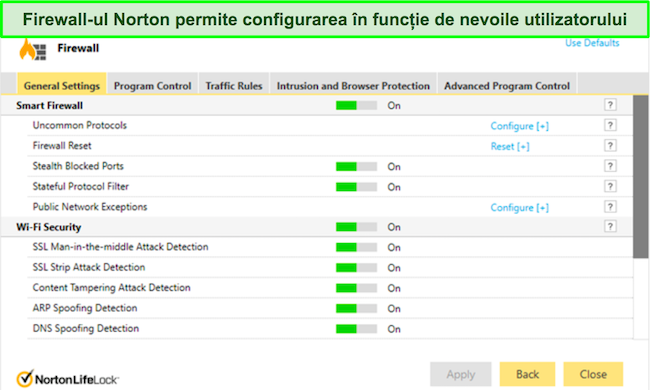 Captură de ecran a unei interfețe Norton Review Security Firewall care prezintă setări extrem de configurabile și opțiuni pentru personalizarea avansată a securității.