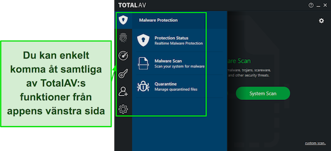 Skärmdump av TotalAV Review med ett intuitivt skrivbordsapp-gränssnitt som erbjuder användarvänlig navigering och tillgängliga funktioner.