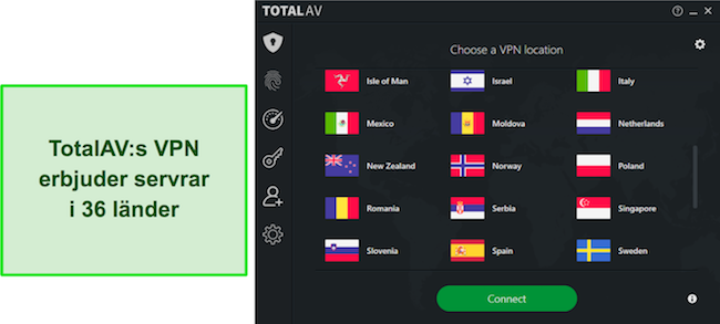 Skärmdump från en TotalAV-recension som lyfter fram TotalAV VPN:s tillgängliga platser, och visar det omfattande globala servernätverket för användare att välja mellan.