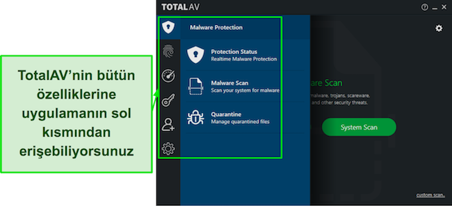 Kullanıcı dostu gezinme ve erişilebilir özellikler sunan, sezgisel masaüstü uygulama arayüzüne sahip TotalAV İncelemesinin ekran görüntüsü.