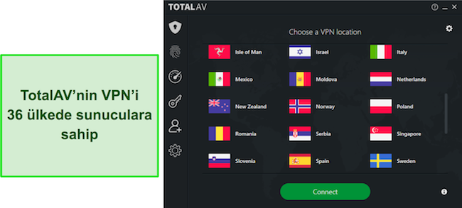 TotalAV VPN'in kullanılabilir konumlarını vurgulayan ve kullanıcıların aralarından seçim yapabileceği kapsamlı küresel sunucu ağını gösteren bir TotalAV incelemesinden ekran görüntüsü.