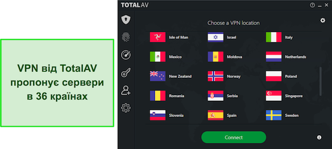 Знімок екрана з огляду TotalAV, на якому висвітлюються доступні місця TotalAV VPN і демонструється розгалужена глобальна серверна мережа для вибору користувачів.