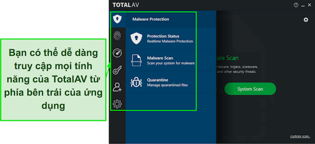 Ảnh chụp màn hình của Đánh giá TotalAV với giao diện ứng dụng máy tính để bàn trực quan, cung cấp các tính năng dễ tiếp cận và điều hướng thân thiện với người dùng.