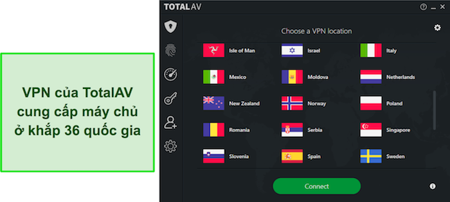 Ảnh chụp màn hình từ bài đánh giá TotalAV nêu bật các vị trí khả dụng của TotalAV VPN, thể hiện mạng máy chủ toàn cầu rộng khắp để người dùng lựa chọn.