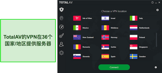TotalAV 评论的屏幕截图突出显示了 TotalAV VPN 的可用位置，展示了广泛的全球服务器网络供用户选择。