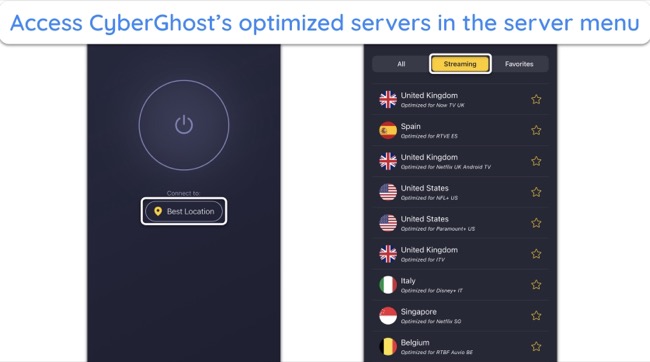 image of CyberGhost's iOS app, showing the streaming servers menu