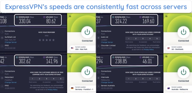 images of Ookla speed test results with ExpressVPN connected to servers in the USA, UK, Germany, and Australia