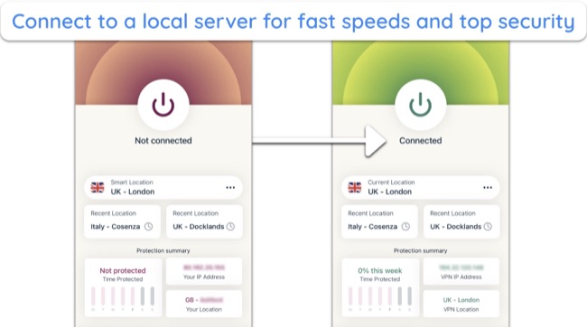 screenshots of ExressVPN's iOS app, showing the difference between no VPN connection and a local VPN server connection