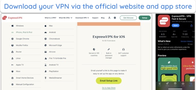 images of ExpressVPN's device downloads options, and the Apple App Store ExpressVPN page