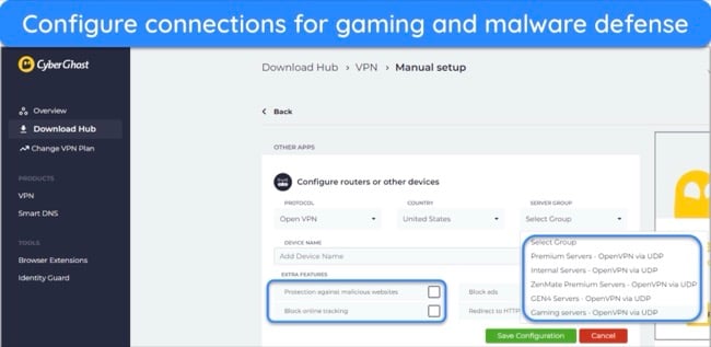 image of CyberGhost's router configuration settings, highlighting malware and tracker blocking, and server selection