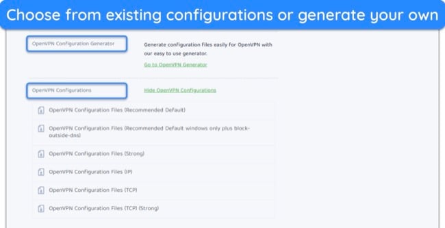 image of PIA's OpenVPN configuration options