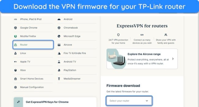 image of ExpressVPN account showing the download options, highlighting the router firmware download option