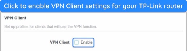 screenshot of TP-Link router interface VPN Client settings, with 