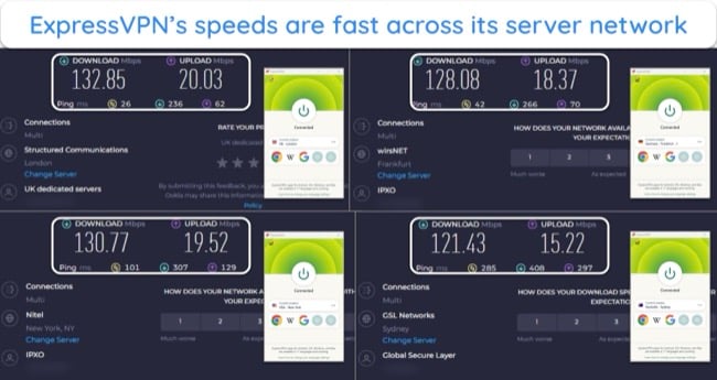 screenshots of Ookla speed test results with ExpressVPN connected to servers in the UK, Germany, US, and Australia