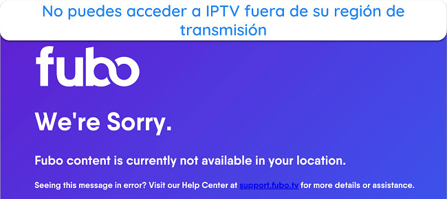 Captura de pantalla del mensaje de restricción geográfica de fubo TV