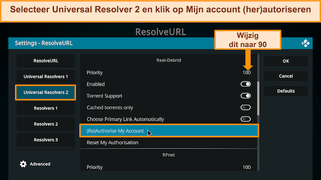 Schermafbeelding van de gedetailleerde stappen die illustreren hoe u de Universal Resolver kunt configureren als onderdeel van de bijgewerkte installatiehandleiding voor het installeren van Real Debrid op Kodi.