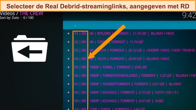 Schermafbeelding van de handleiding die laat zien hoe u Real Debrid-streaminglinks selecteert, als onderdeel van het bijgewerkte installatieproces voor het installeren van Real Debrid op Kodi.