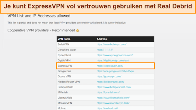 Schermafbeelding die het installatieproces van Real Debrid op Kodi illustreert, vergezeld van een lijst met coöperatieve VPN's voor bijgewerkte instellingen