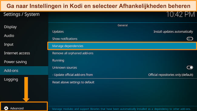 Schermafbeelding van de stapsgewijze handleiding die laat zien hoe u 'Afhankelijkheden beheren' selecteert tijdens het bijgewerkte installatieproces voor het installeren van Real Debrid op Kodi.