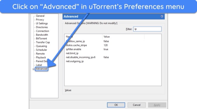 Screenshot showing how to access the Advanced settings in uTorrent's Preferences menu