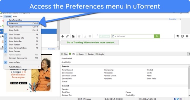 Screenshot showing how to access uTorrent's Preferences menu