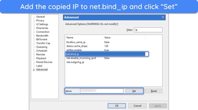 Screenshot showing how to bind your IP to uTorrent