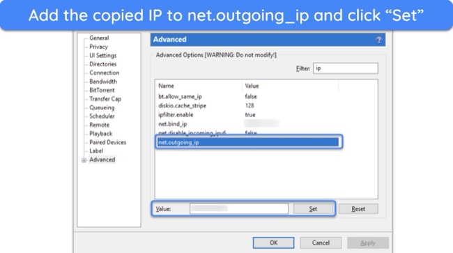 Screenshot showing how to bind your IP to uTorrent's outgoing traffic